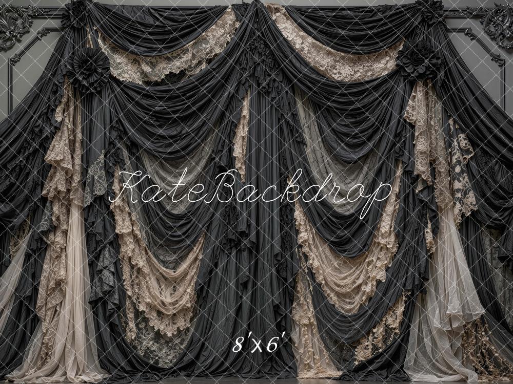 Kate Halloween Black Lace Gothic Draped Curtains Printed Backdrop Designed by Mini MakeBelieve