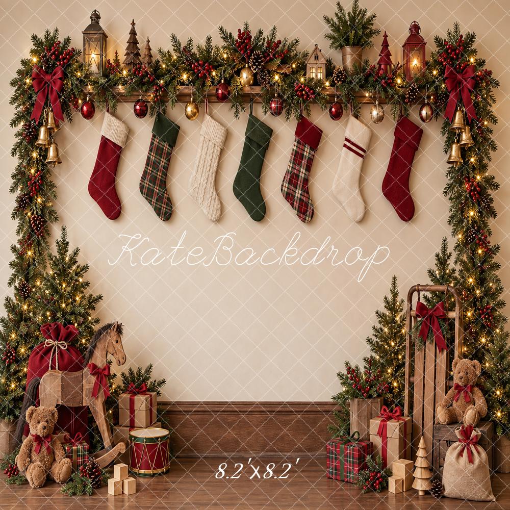 Kate Christmas Stocking Garland Gifts Rocking Horse Printed Backdrop Designed by Vertigo Productions