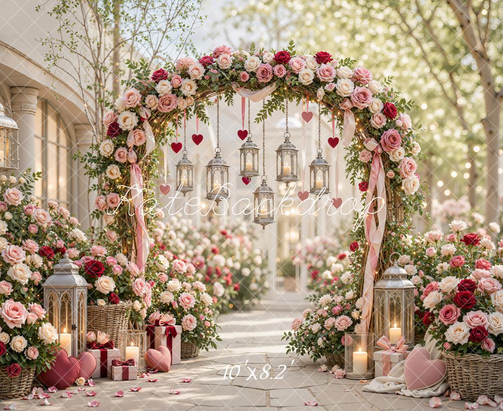 Kate Valentine's Day Flower Arch Lanterns Street Roses Printed Backdrop Designed by Emetselch