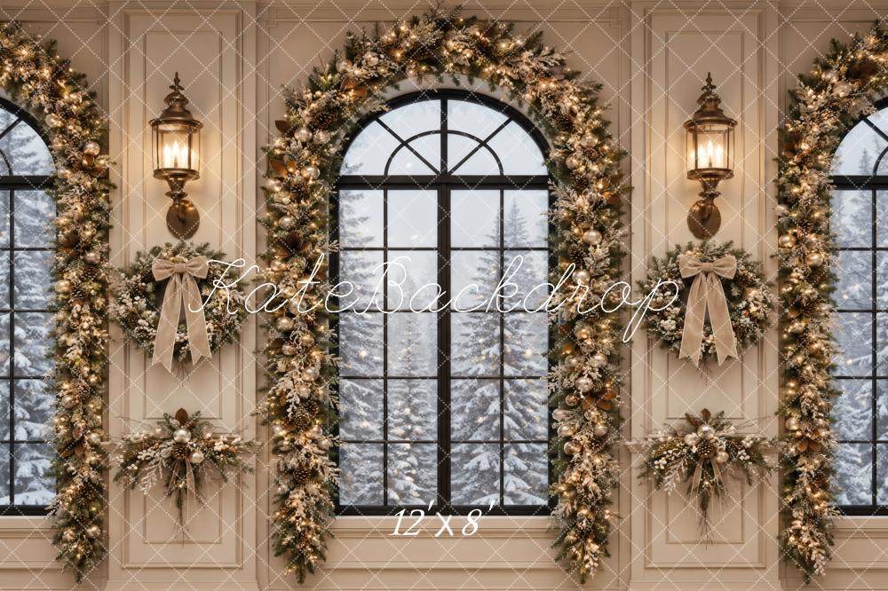 Kate Christmas Elegant Garland Arched Windows Printed Backdrop Designed by Vertigo Productions