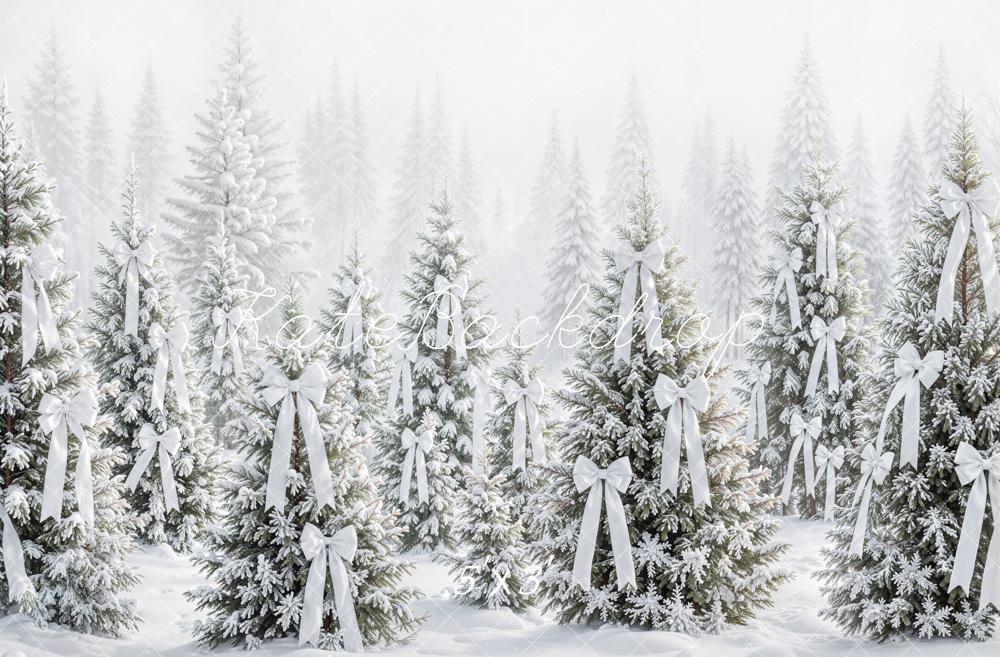 Kate Christmas Snowy Pine Trees White Bows Printed Backdrop Designed by Emetselch