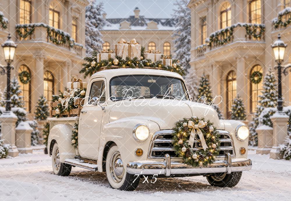 Kate Christmas Vintage Truck Gifts Snowy Courtyard Printed Backdrop Designed by Emetselch