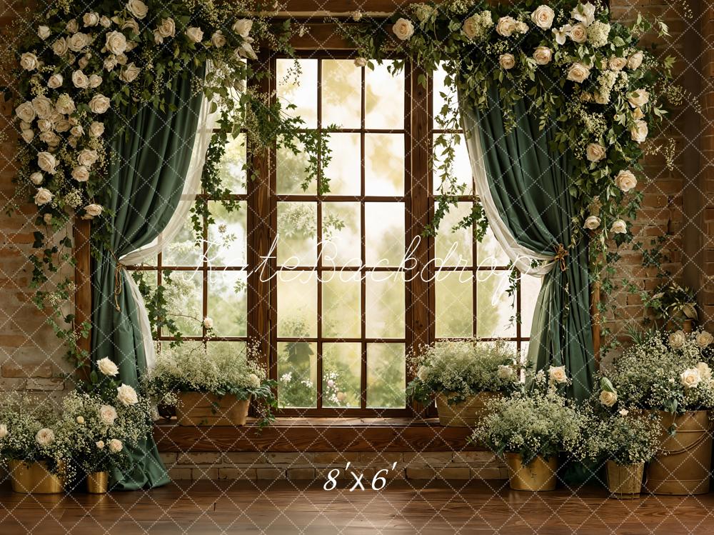 Kate Spring Flower Arch Window Green Curtains Brick Wall Backdrop Designed by Emetselch