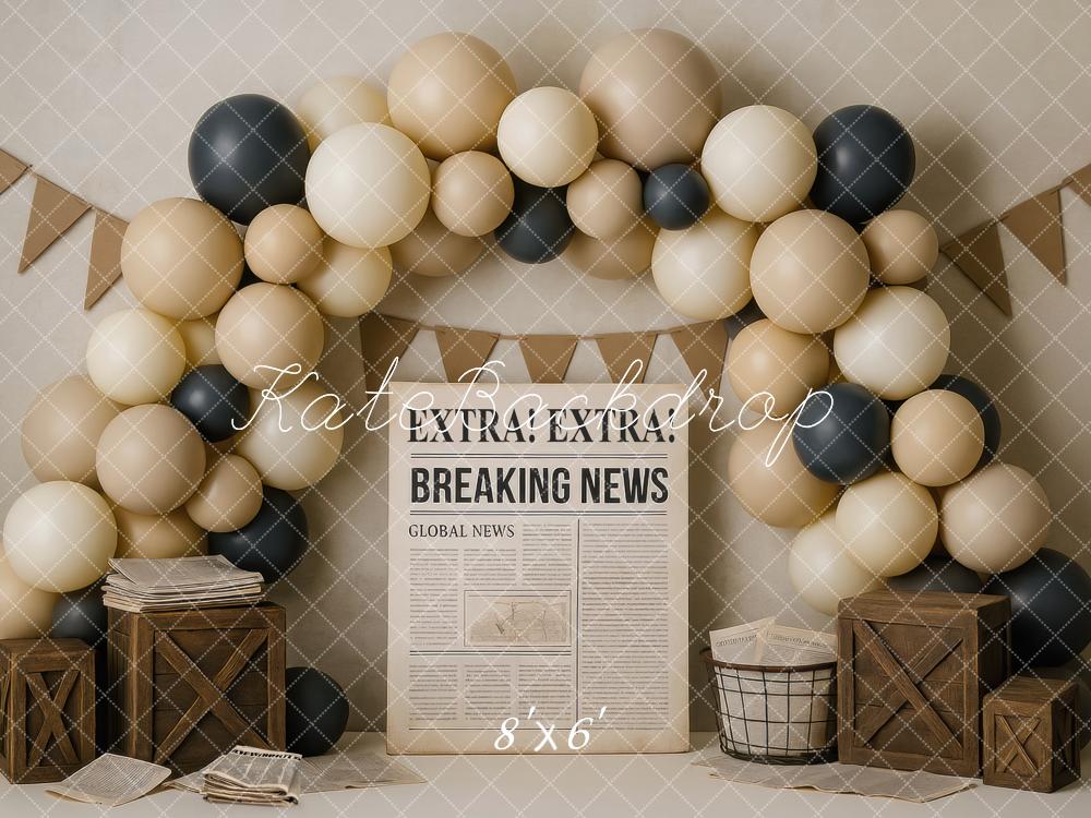 Kate Cake Smash Newspaper Balloon Arch Printed Backdrop Designed by Mini MakeBelieve