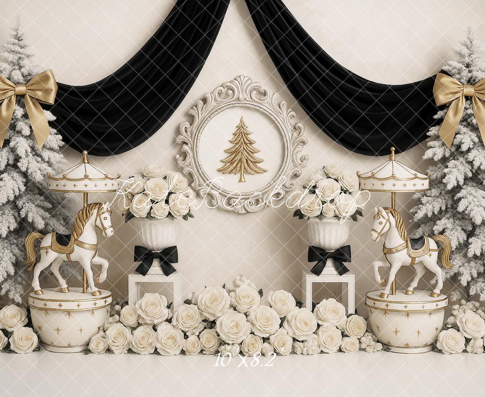 Kate Christmas Carousel White Roses Frosted Trees Backdrop Designed by Ashley Paul