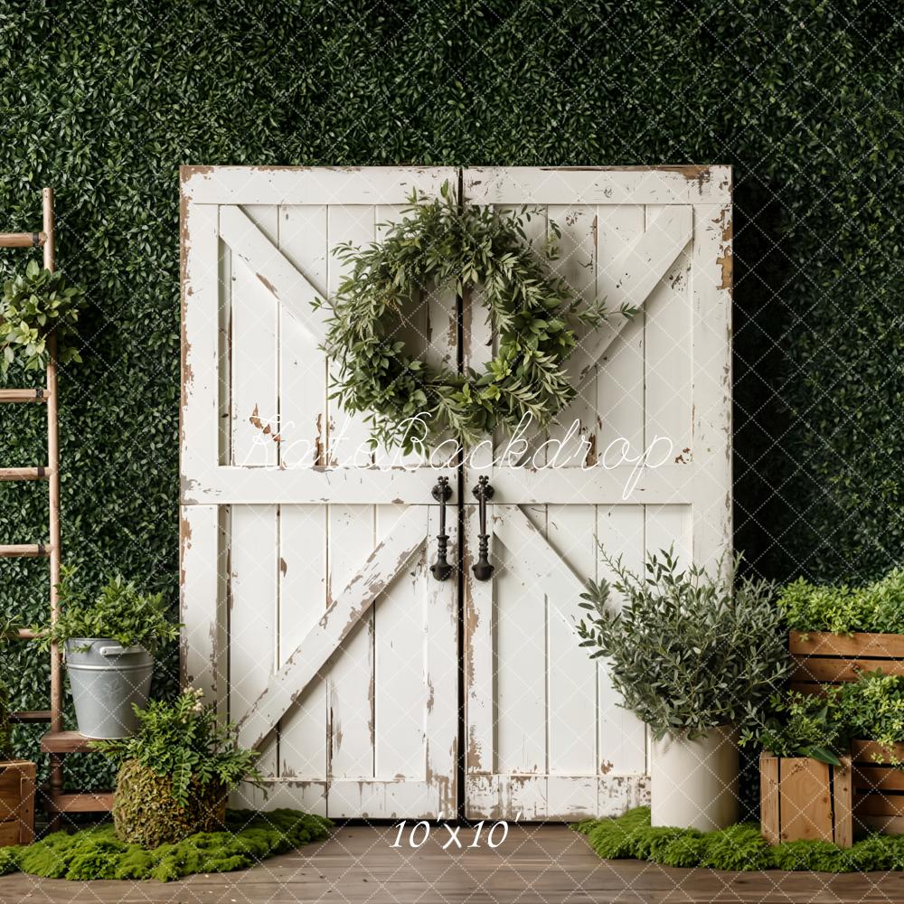 Kate Spring Greenery White Barn Door Wreath Ladder Crates Backdrop Designed by Emetselch