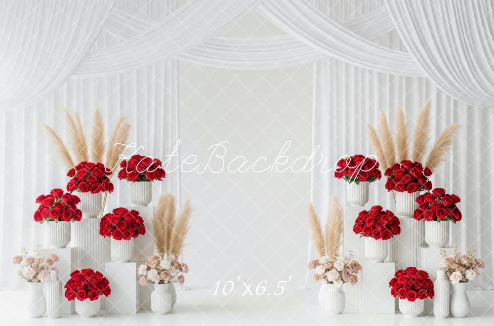 Kate Mother's Day Red Roses Pampas Grass White Pedestals Backdrop Designed by Patty Roberts