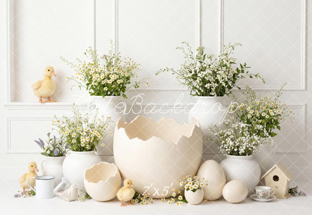 Kate Easter Cracked Egg Ducklings Daisy Flowers White Printed Backdrop Designed by Patty Roberts