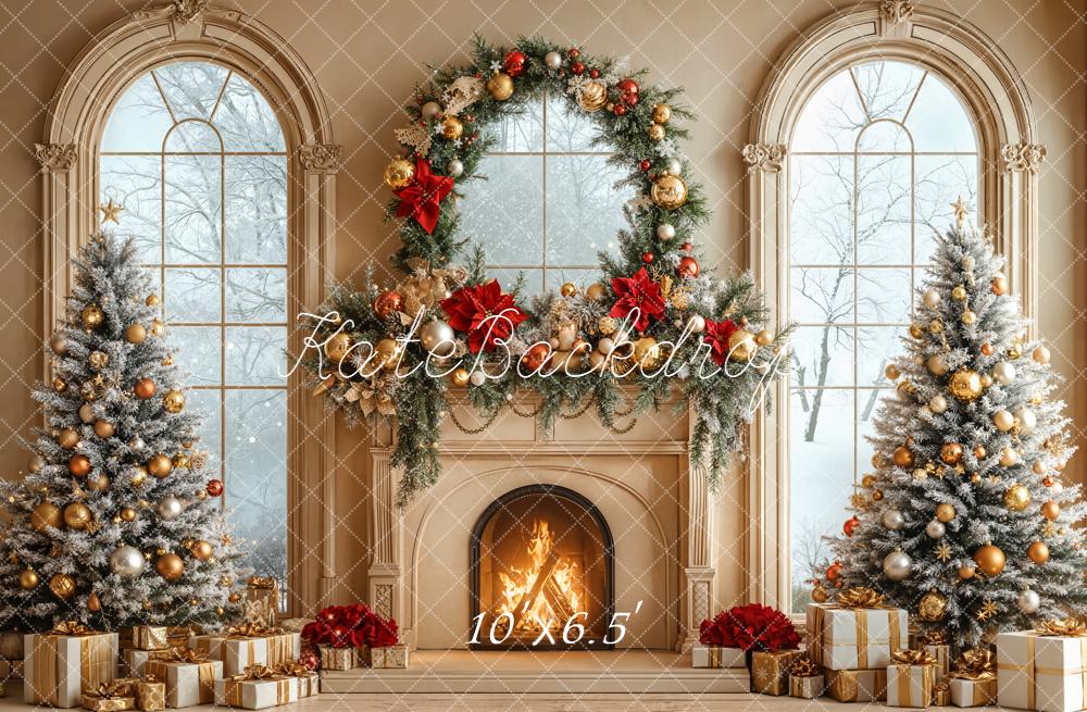 Kate Christmas Fireplace Trees Wreath Gold Window Backdrop Designed by Emetselch
