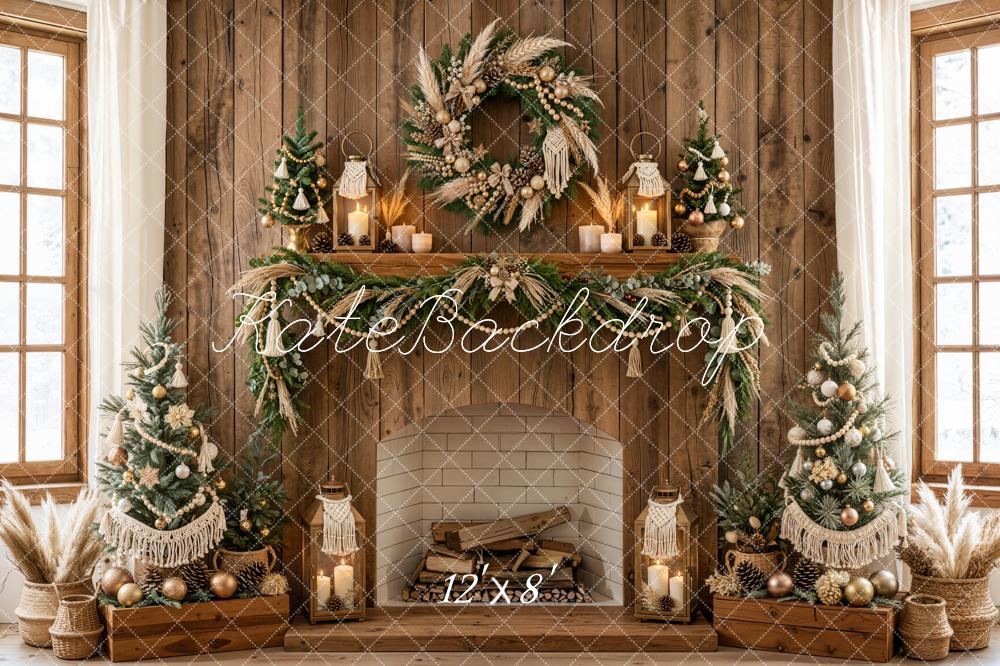Kate Christmas Rustic Wood Fireplace Boho Wreath Garland Trees Printed Backdrop Designed by Emetselch