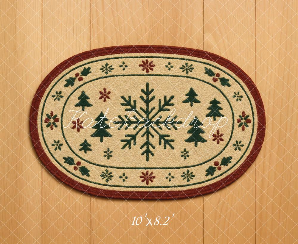 Kate Christmas Snowflake Pine Tree Oval Rug Wooden Printed Floor Backdrop Designed by Mini MakeBelieve