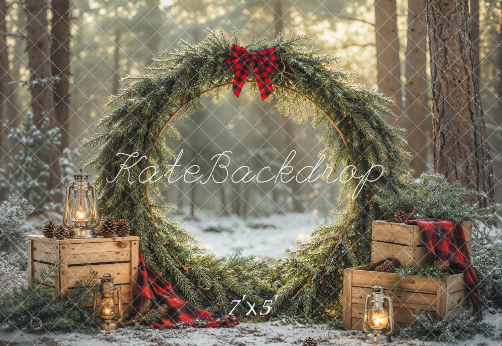 Kate Christmas Greenery Wreath Forest Crates Lanterns Printed Backdrop Designed by Emetselch