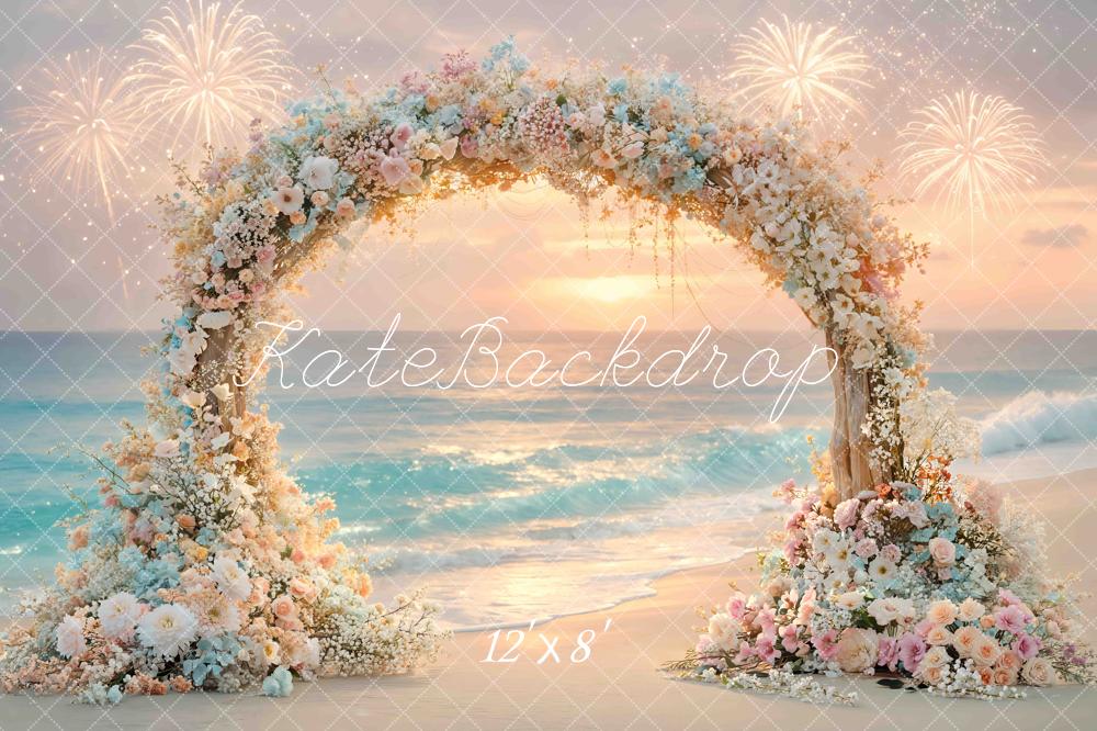 Kate Beach Sunset Flower Arch Fireworks Printed Backdrop Designed by Mini MakeBelieve