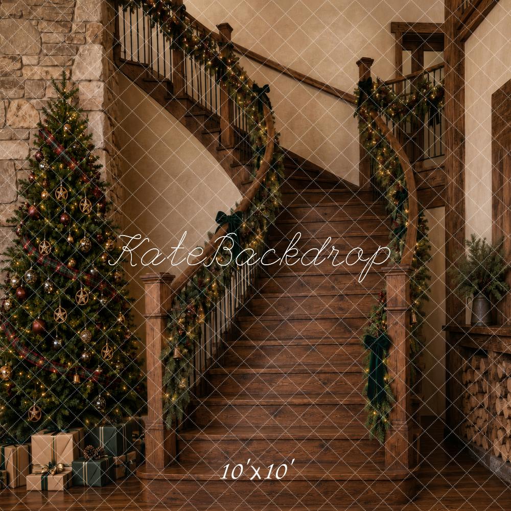 Kate Christmas Rustic Wood Staircase Garland Christmas Tree Printed Backdrop Designed by Vertigo Productions