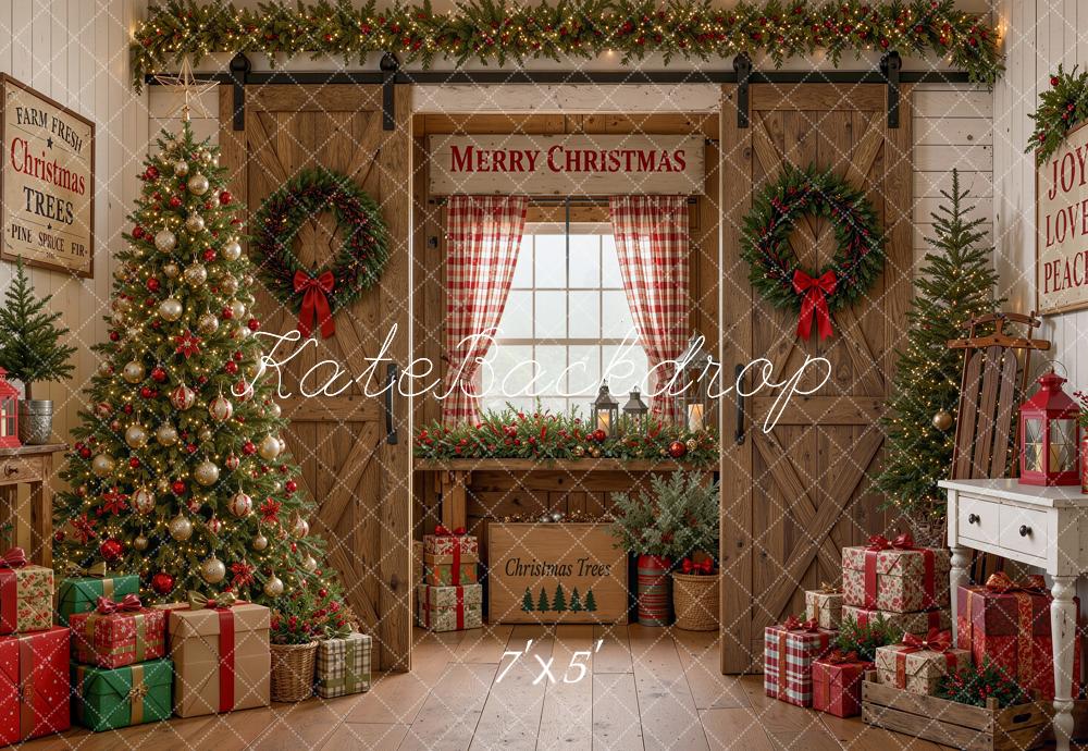 Kate Christmas Wood Barn Doors Tree Gifts Window Plaid Printed Backdrop Designed by Shutter Swan Studios