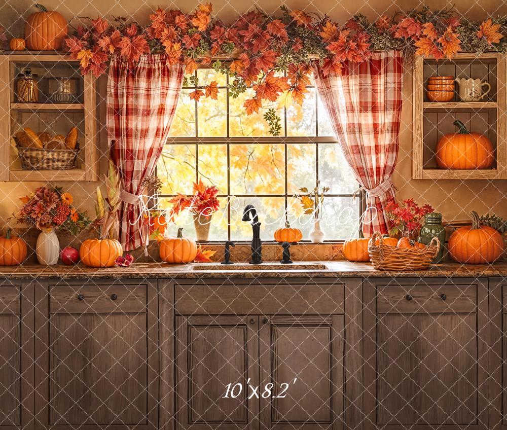 Kate Fall Kitchen Window Pumpkins Rustic Shelves Backdrop Designed by Emetselch