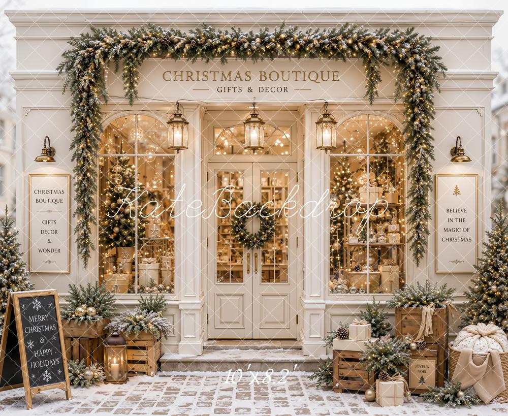 Kate Christmas Boutique Storefront Garland Gifts Printed Backdrop Designed by Emetselch
