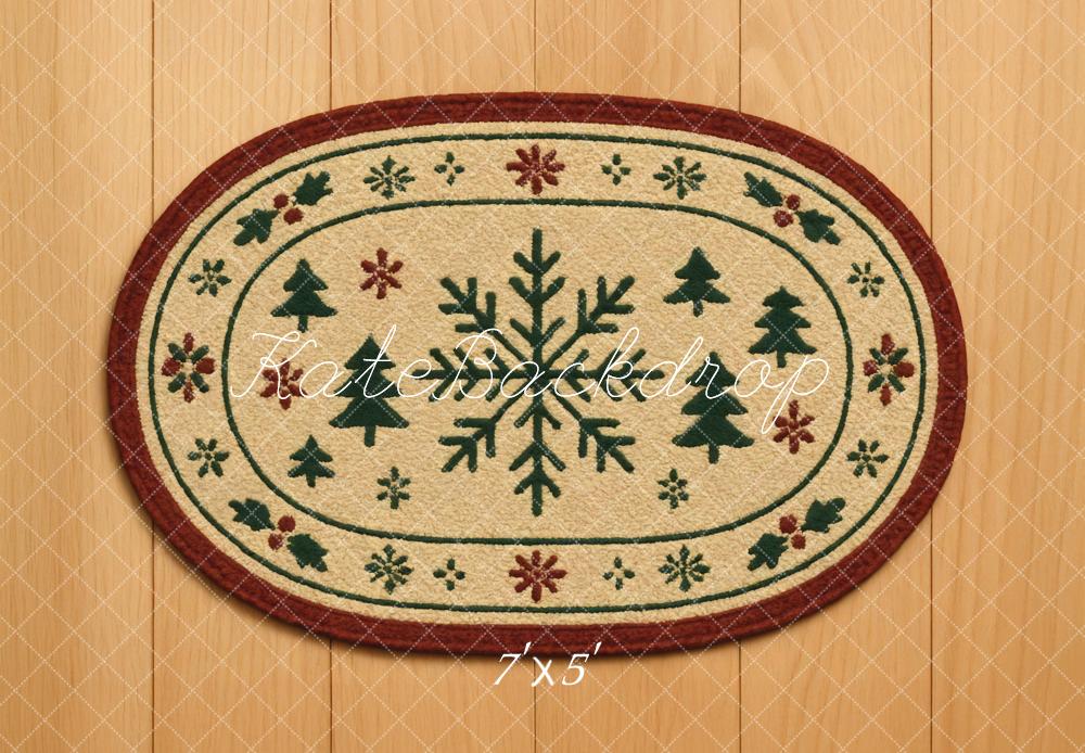 Kate Christmas Snowflake Pine Tree Oval Rug Wooden Printed Floor Backdrop Designed by Mini MakeBelieve