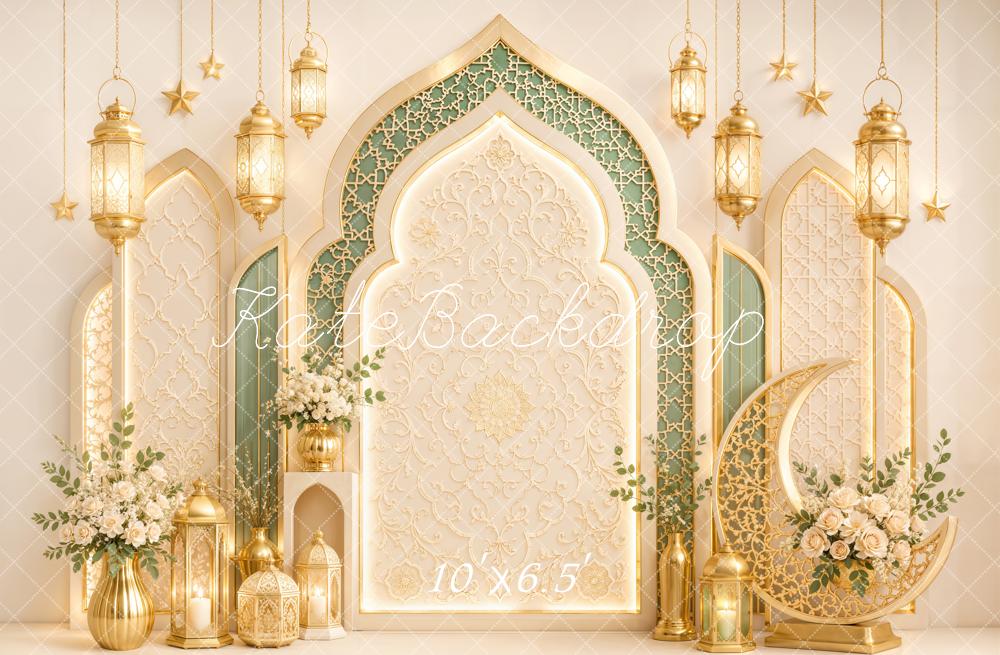 Kate Islamic Gold Arches Lanterns Crescent Moon Printed Backdrop Designed by Emetselch