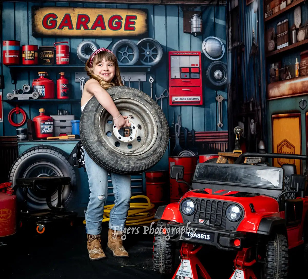 Kate Modern Tool Holder and Tires Red Tanker Garage Printed Backdrop Designed by Emetselch