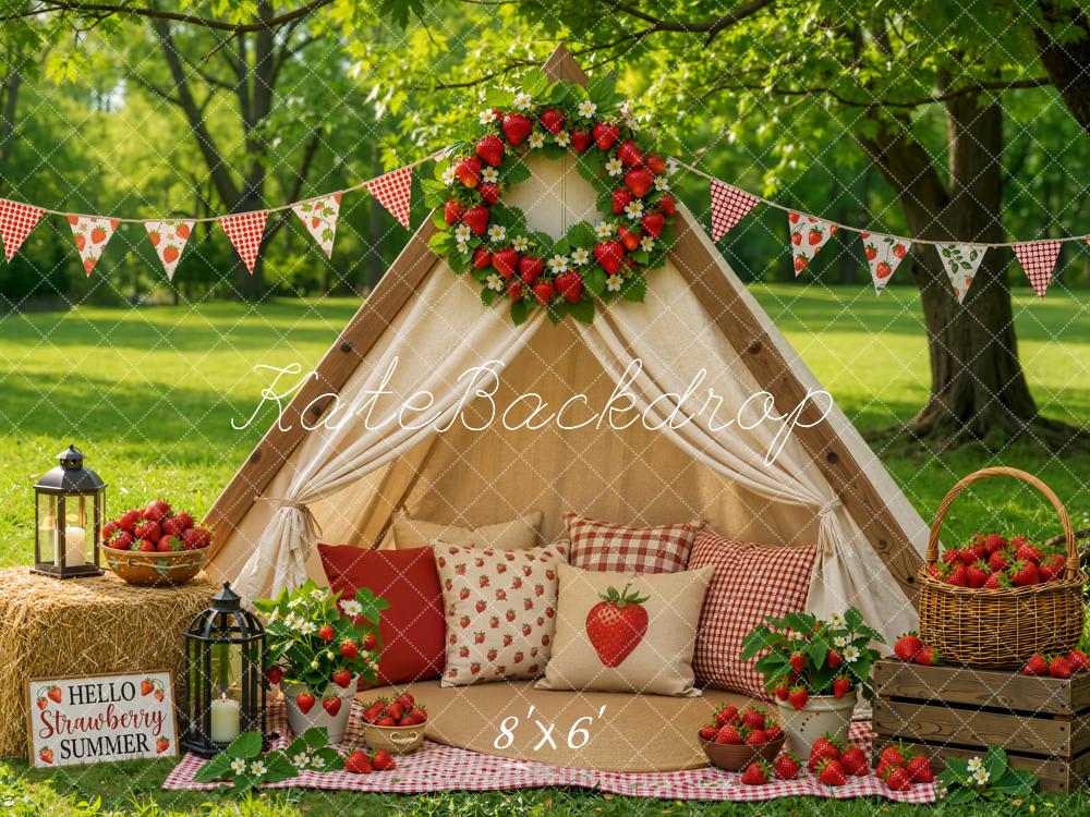 Kate Summer Strawberry Tent Picnic Wreath Forest Printed Backdrop Designed by Emetselch