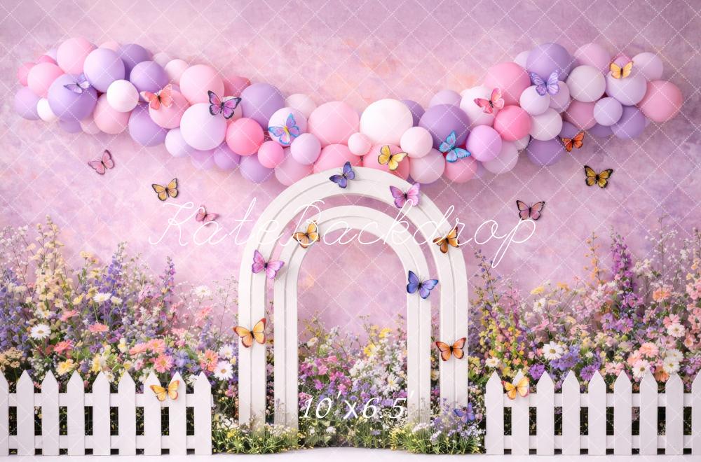 Kate Cake Smash Flower Arch Pink Purple Balloons Butterflies Fence Printed Backdrop Designed by Megan Leigh Photography