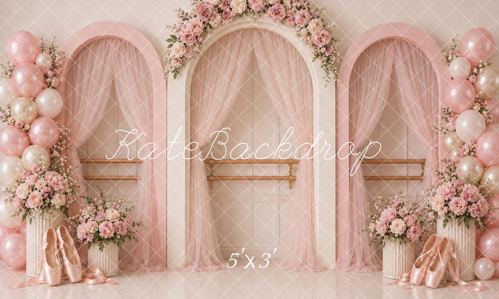 Kate Birthday Pink Ballet Studio Flower Arch Balloons Printed Backdrop Designed by Caitlin Lynch
