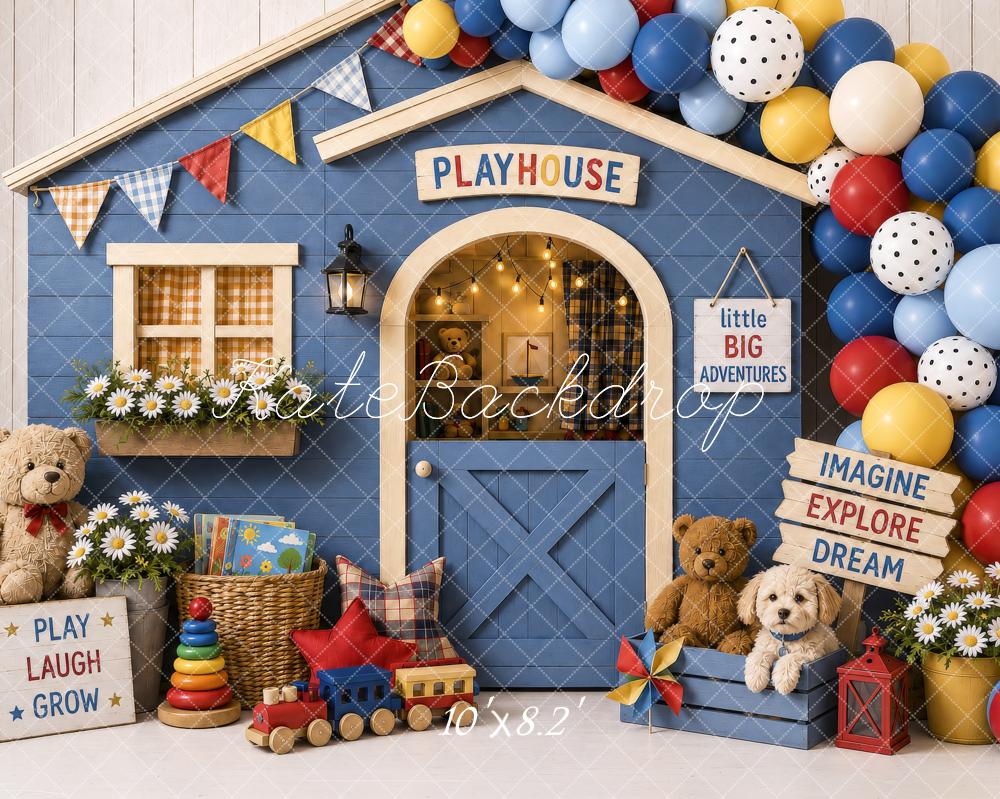 Kate Cake Smash Playhouse Blue Balloons Teddy Bears Toys Printed Backdrop Designed by Shutter Swan Studios