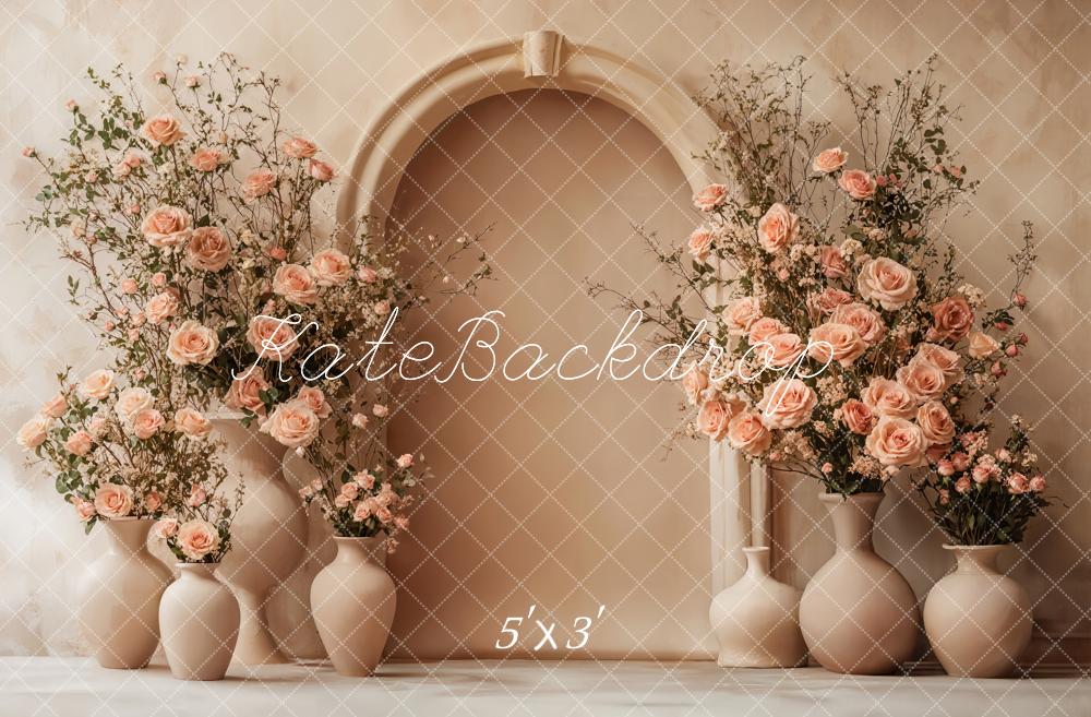 Kate Mother's Day Floral Arch Peach Roses Beige Backdrop Designed by Emetselch
