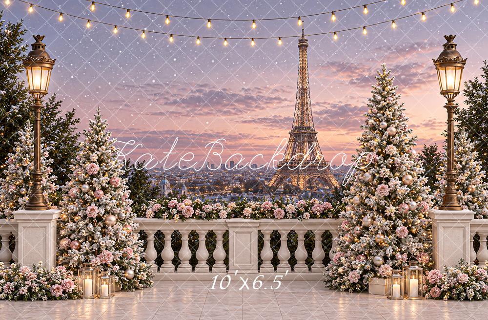 Kate Christmas Tree Eiffel Tower City Balcony Floral Lantern Printed Backdrop Designed by Angela Miller