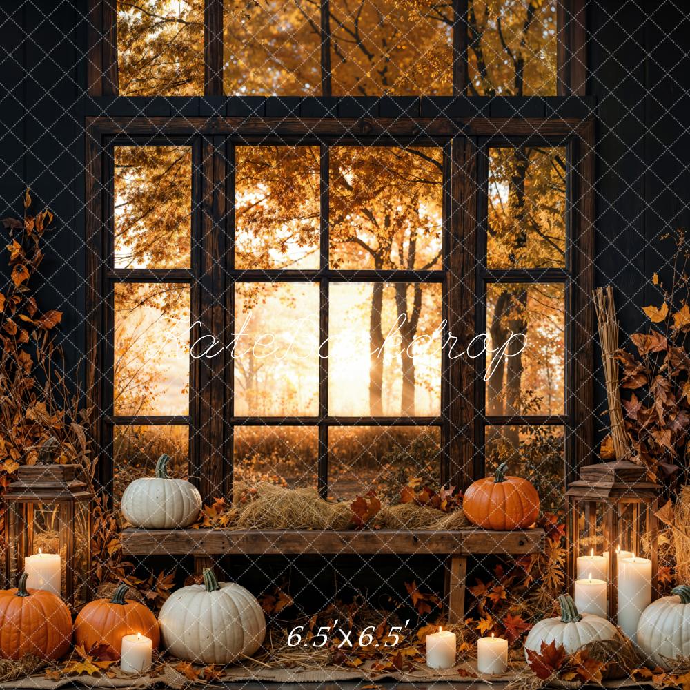 Kate Fall Pumpkin Candle Window Hay Bales Backdrop Designed by Emetselch