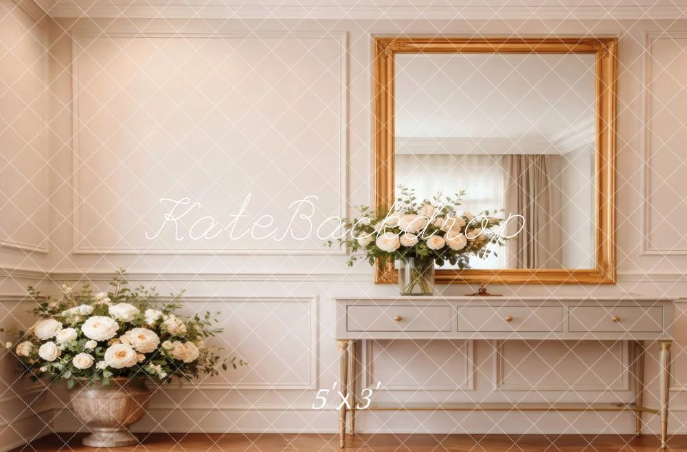 Kate Elegant White Room Gold Mirror Console Flowers Printed Backdrop Designed by Vertigo Productions