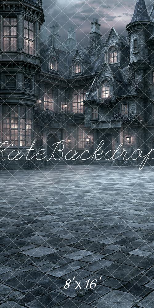 Kate Sweep Halloween Gothic Mansion Cobblestone Night Printed Backdrop Designed by Angela Miller