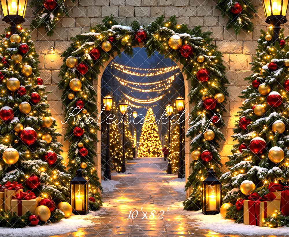 Kate Christmas Tree Archway Snow Ornaments Gifts Lights Printed Backdrop Designed by Mini MakeBelieve