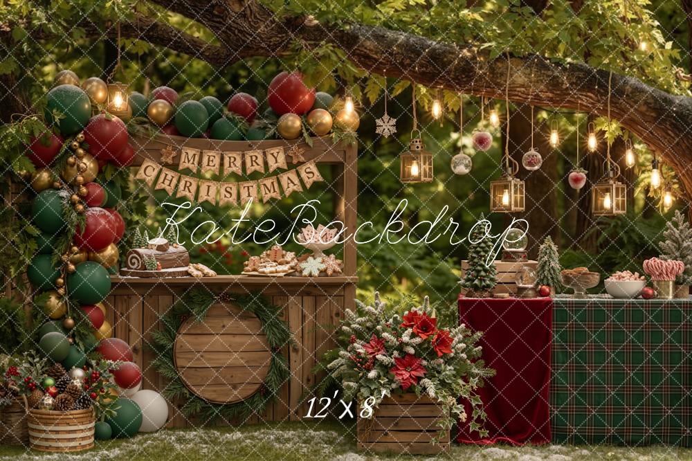 Kate Christmas Branch Arch Dessert Table Outdoor Green Red Balloons Printed Backdrop Designed by Emetselch