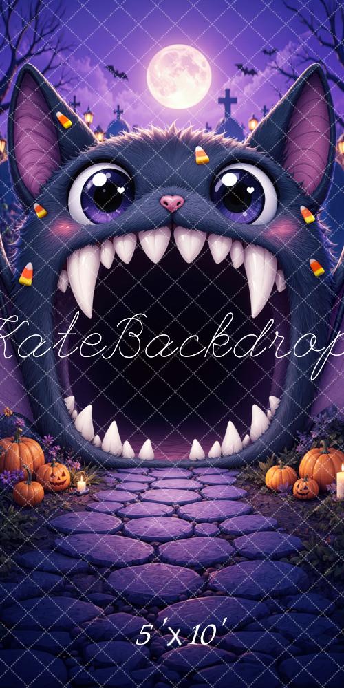 Kate Sweep Halloween Trunk or Treat Purple Bat Monster Pumpkins Cobblestone Printed Backdrop Designed by Mini MakeBelieve