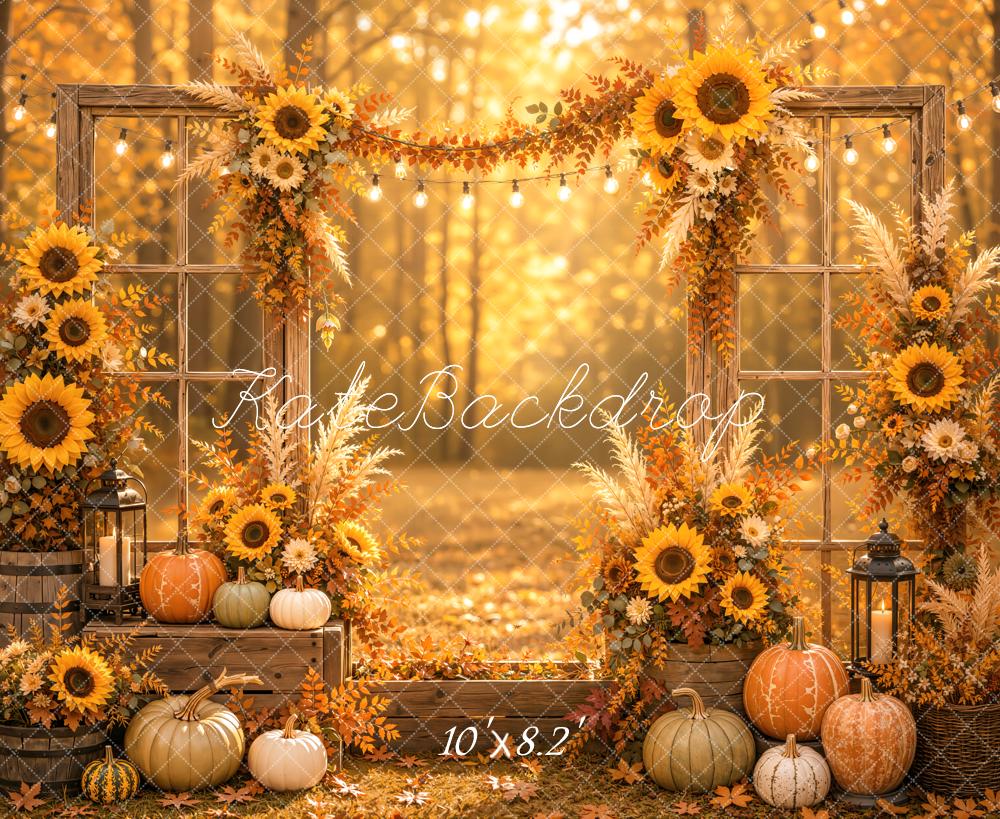 Kate Fall Forest Sunflower Pumpkins Arch Window Door Printed Backdrop Designed by Emetselch