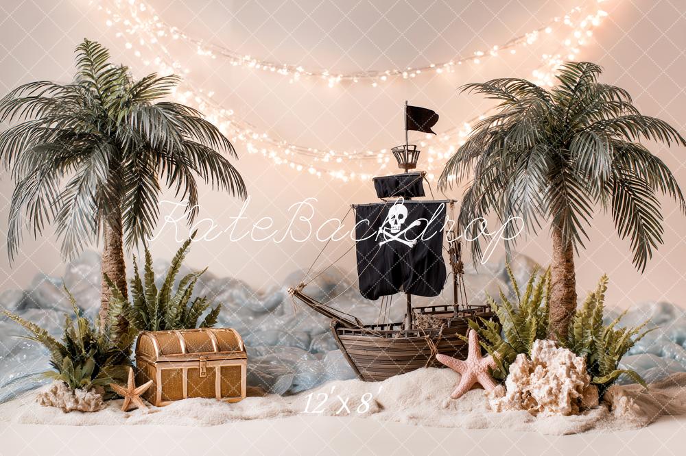 Kate Summer Pirate Ship Palm Trees Treasure Chest Starfish Sand Printed Backdrop Designed by Angela Miller