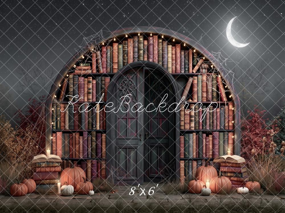 Kate Halloween Haunted Library Arched Door Moon Printed Backdrop Designed by Angela Miller