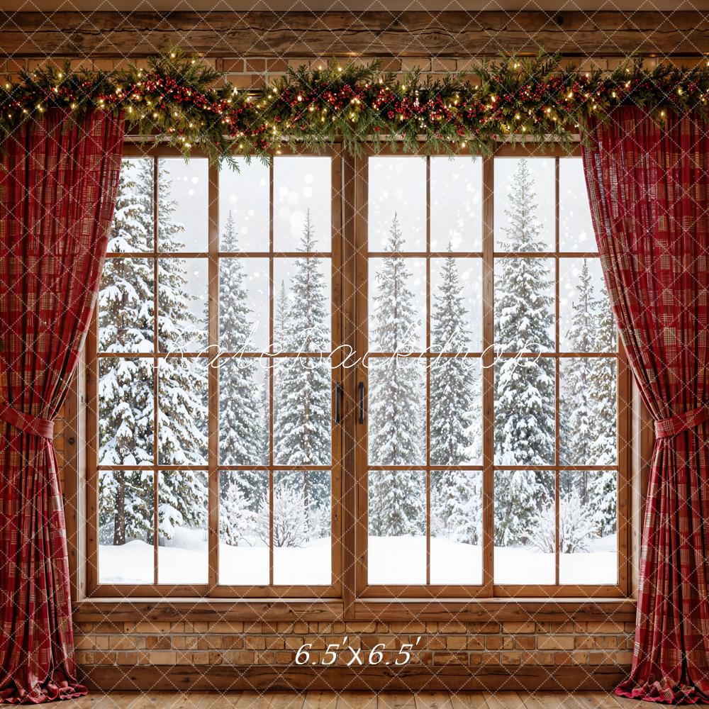 Kate Christmas Window Red Curtains Garland Snowy Trees Printed Backdrop Designed by Emetselch