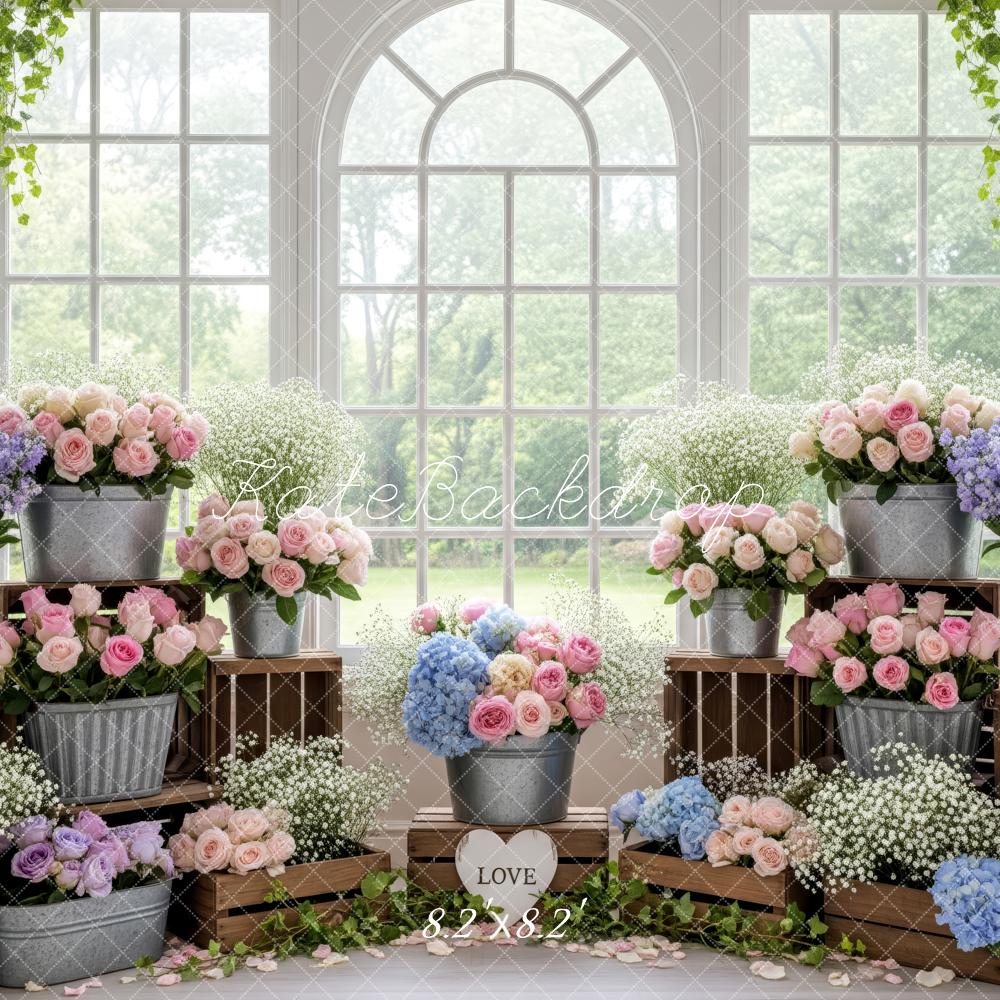Kate Pastel Flower Buckets Wooden Crates Window Backdrop Designed by Patty Roberts
