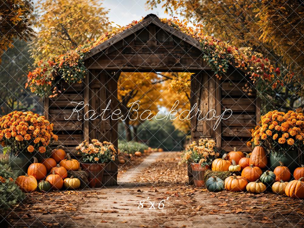 Kate Fall Maple Leaves Pumpkin Forest Brown Barn Door Backdrop Designed by Emetselch