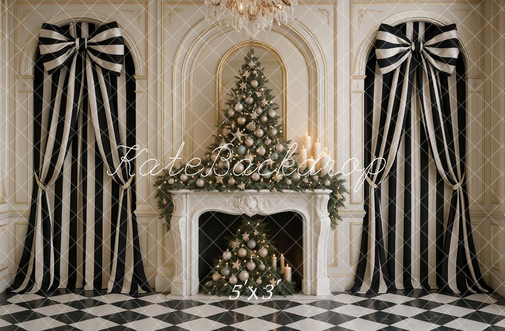Kate Christmas Chic Black White Striped Bow Curtains Fireplace Backdrop Designed by Ashley Paul