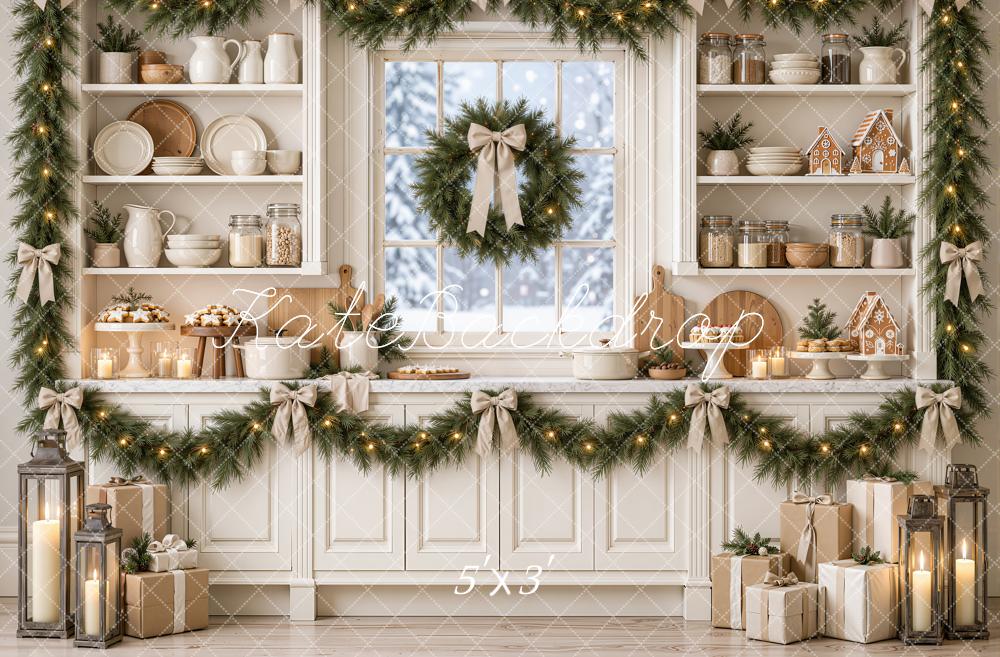 Kate Christmas Kitchen Garland Wreath Gingerbread Baking White Printed Backdrop Designed by Emetselch