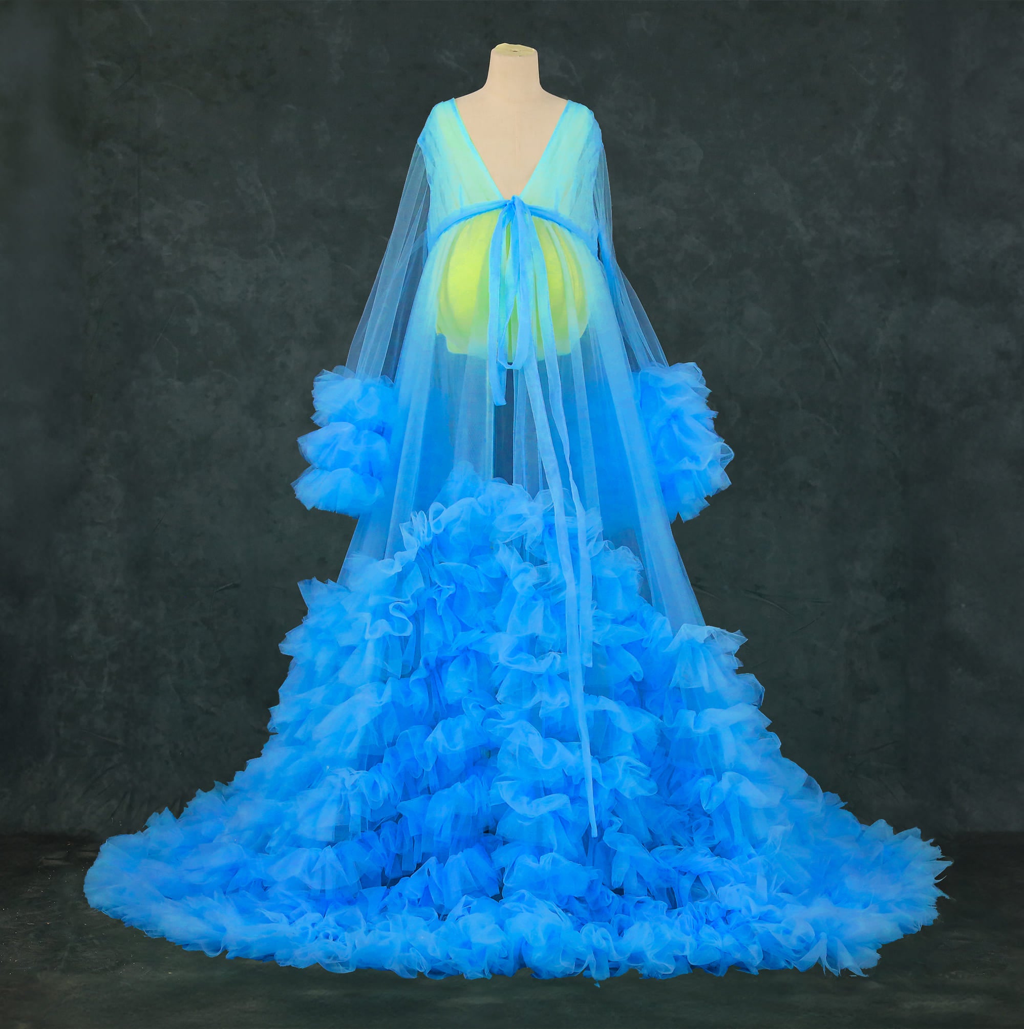 Kate Mesh V-neck Trailing Mid Sleeve Custom Maternity Photoshoot Gowns