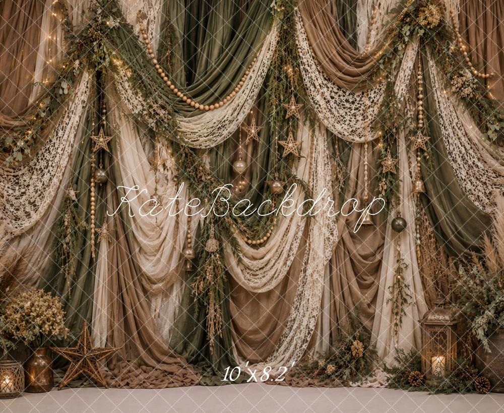 Kate Christmas Boho Lace Draped Greenery Printed Backdrop Printed Backdrop Designed by Ashley Paul