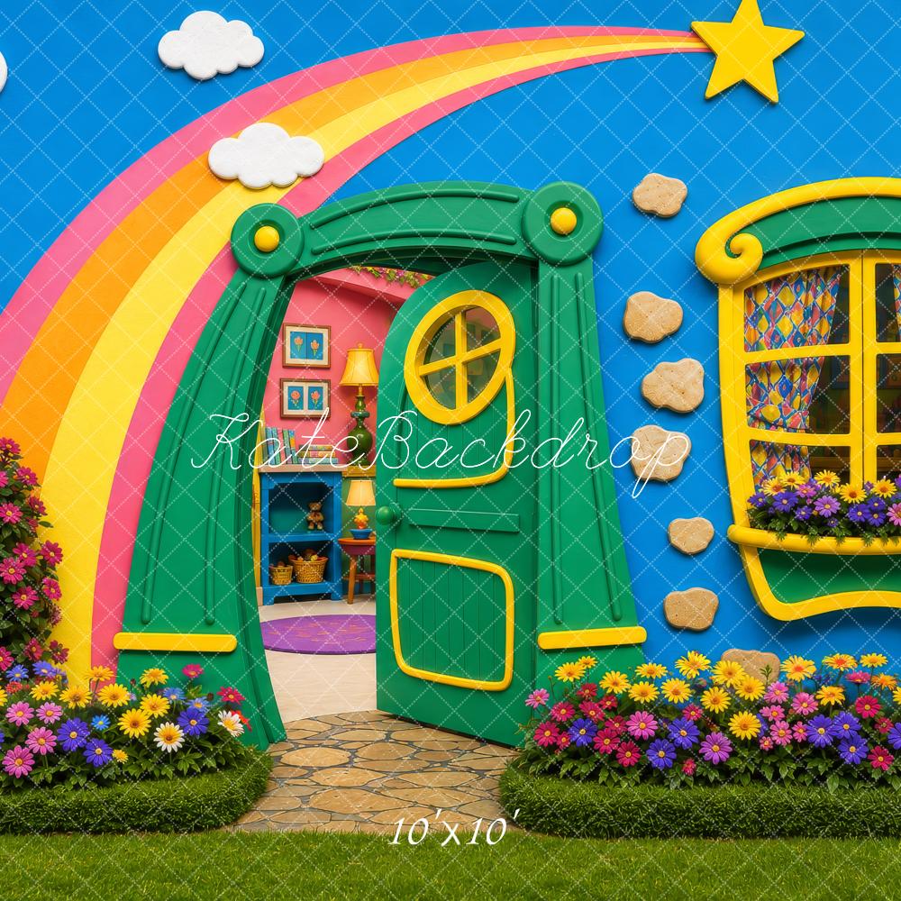 Kate Cake Smash Whimsical Rainbow Star Playhouse Garden Door Window Flowers Printed Backdrop Designed by Shutter Swan Studios