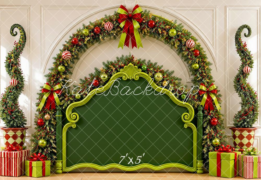 Kate Christmas Headboard Elf Green Garland Presents Printed Backdrop Designed by Shutter Swan Studios