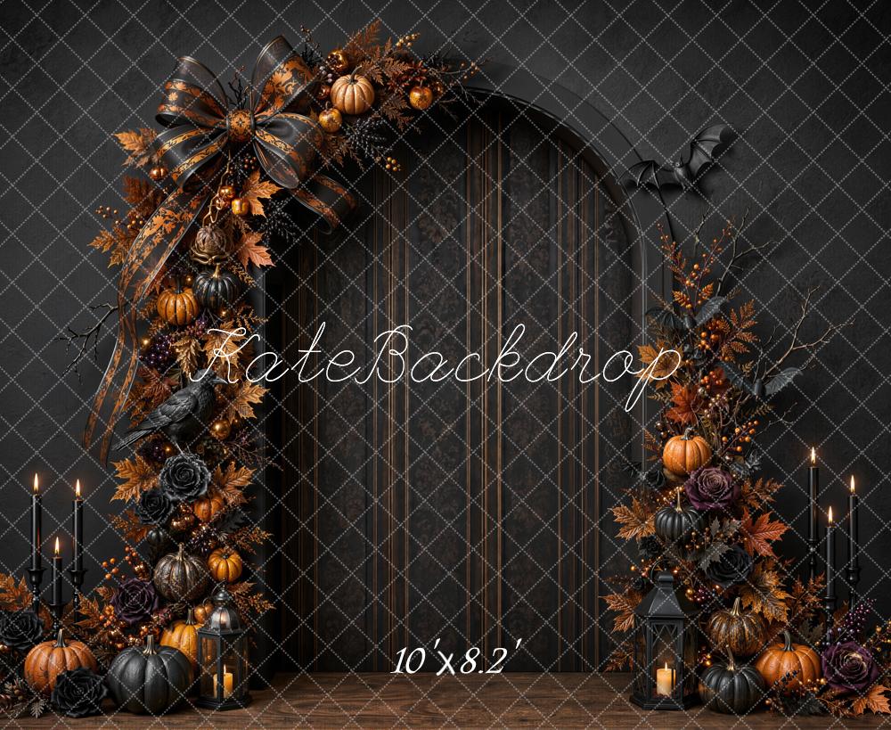 Kate Halloween Black Bow Pumpkin Arch Door Candlelight Gothic Printed Backdrop Designed by Emetselch