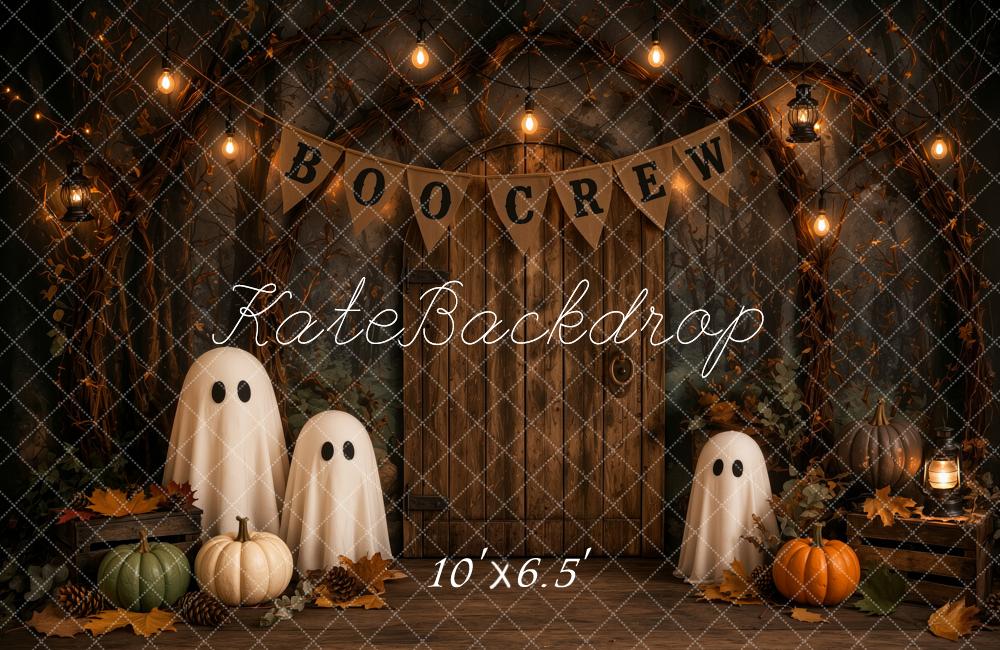Kate Halloween Trick Or Treat Haunted Barn Ghosts Pumpkins Lights Printed Backdrop Designed by Ashley Ward